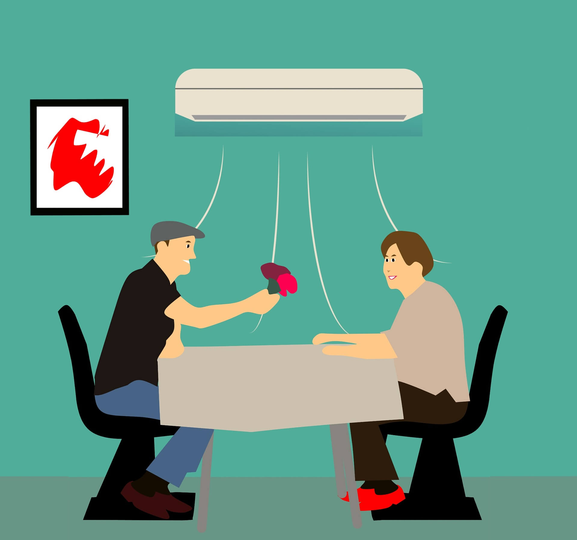 Cartoon characters are sitting on Chairs and AC is working